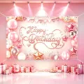 Pink happy birthday backdrop banner with balloons and gift boxes for party photography. - Pink Happy Birthday Style 25 / 150*100CM