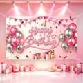 Pink birthday backdrop banner with balloons gift boxes for party photography decoration. - Happy Birthday Style 26 / 150*100CM