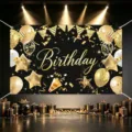 Black and gold birthday backdrop banner with balloons and gift box design for party photography decoration. - Happy Birthday Style 13 / 150*100CM