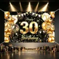 Black and gold 30th birthday backdrop banner photography background party decor supplies. - Happy 30th Birthday Style 12 / 150*100CM