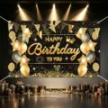 Black and gold birthday backdrop photography banner for party decorations balloons and gifts. - Happy Birthday Style 14 / 150*100CM