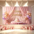 Pink birthday backdrop banner with balloons cake and gift box for party photography decoration. - Happy Birthday Style 28 / 150*100CM