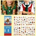 Kids Christmas foil stamping tattoo stickers book with cute cartoon designs and festive themes. - Christmas Cartoon Tattoo Book (6 Sheets/Set)