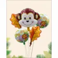 Set de 5 globos de aluminio de jungla, mono lindo y hojas de otoño para fiesta de cumpleaños. - Mono de la Jungla / Set de 5 piezas