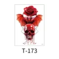Dark waterproof temporary tattoo sticker with red skull, rose and bat design for Halloween. - Skull Rose Bat (T-173)