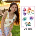 Watercolor floral butterfly temporary tattoo sticker sheet for women body art decor. - Floral Pattern (WS-C296) / 76*120mm