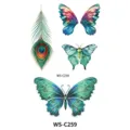 Waterproof temporary tattoo stickers featuring colorful peacock feathers and artistic butterfly designs. - Painted Style (WS-C259)