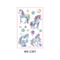 Kids cartoon unicorn temporary tattoo sheet with colorful watercolor stars and planets. - WS-C307