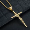 Stainless steel gold crucifix cross pendant necklace with box chain, detailed religious jewelry. - Pendant Only / Gold