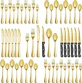 Juego de cubiertos de acero inoxidable dorado cuchillo tenedor cuchara detalle cocina - Juego de 48 Piezas / Dorado