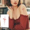 Red lotus tattoo sticker featuring delicate line art, stylish temporary body art for women. - Lotus Cloud Style (HD-003) / 120*76mm / Red
