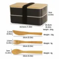 Double layer bamboo lid bento lunch box with wooden cutlery knife fork spoon portable picnic set - Black
