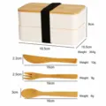 Double layer bamboo lid bento box with wooden cutlery set, portable lunch box for daily use. - White