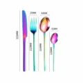 Rainbow stainless steel cutlery set with dimension specs, modern luxury flatware set of knife fork spoon. - Iridescent 4-Piece Set