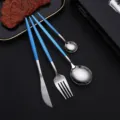 Edelstahl Besteckset mit blauem Griff Steakmesser Gabel Löffel Tischbesteck Set - Blau-Silber