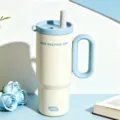 Vaso grande de acero inoxidable de 24oz con asa y pajita, taza de viaje aislada para auto. - Blanco Azul