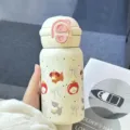 Jolie bouteille d'eau isotherme en acier inoxydable avec motif chiot et couvercle paille. - 500ml / Chien blanc avec nœud