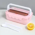 Pink Bento Lunch Box with Handle and Cutlery Set, Portable Plastic Meal Container Storage - Pink