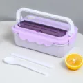 Purple plastic lunch box with handle, partitioned bento box with spoon and chopsticks for use. - Purple