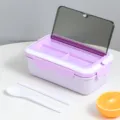 Portable multi-compartment bento lunch box with spoon and chopsticks in light purple. - Purple
