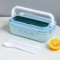 Portable plastic bento lunch box with handle spoon and chopsticks for students office workers - Blue