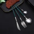 Edelstahl Besteck Set Steakmesser Gabel Löffel dunkelgrün Griff Küchengeschirr Tischdeko. - Grünsilber