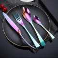 Rainbow stainless steel flatware set, 4-piece western cutlery variant, sleek design. - Multicolor