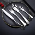 Stainless steel flatware set kitchen knife fork spoon four piece luxury tableware dining. - Silver