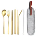 Portabele 7-delige roestvrijstalen bestekset met etui, gouden lepel vork en rietje. - 7-Delige Set / Lichtgrijs Zakje / Goud