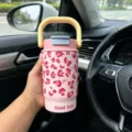 Portable pink leopard print stainless steel insulated tumbler with handle for car - 500ml-Inner Bottom 316 Mark / Pink