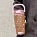 Ins style brown stainless steel tumbler with pink handle and cute mushroom print - 650ml-Inner Bottom 316 Mark / Brown