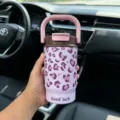 Purple leopard print stainless steel insulated tumbler with pink handle for car use - 500ml-Inner Bottom 316 Mark / Purple