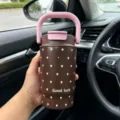 Insulated brown stainless steel tumbler with pink handle and white mushroom pattern - 500ml-Inner Bottom 316 Mark / Brown