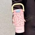 Pink leopard print stainless steel insulated tumbler with yellow handle and lid - 650ml-Inner Bottom 316 Mark / Pink