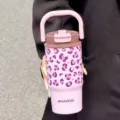 Pink leopard print stainless steel insulated mug with handle for portable travel use - 650ml-Inner Bottom 316 Mark / Purple