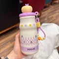 Draagbare roestvrijstalen thermosfles met schattig geruit patroon voor vrouwen en studenten. - [Met theezakje] Geel, 480 ml