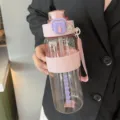 Large capacity portable sports water bottle with straw and carry strap in pink - 800ML / Pink