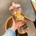 Large capacity sports water bottle with time marker, straw and cute stickers for fitness. - Transparent Pink 2L Large Capacity