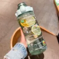 Large capacity water bottle with time marker, straw and handle, green fitness tumbler. - Transparent Green 2L Large Capacity