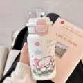 Jolie bouteille isotherme chiot floral avec paille et double couvercle pour le quotidien. - 500ml / Chien chantant rose