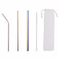 Stainless steel rainbow straw set with cleaning brush and pouch, reusable metal straws. - White Cloth Bag / Three-Piece Set / AB Color