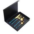 4-piece stainless steel cutlery set with blue handles and gold finish, elegant gift box packed. - Blue & Gold 4-Piece Set (with Box)