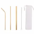 Stainless steel straw set with cleaning brush and storage pouch, eco-friendly metal straws. - White Cloth Bag / Three-Piece Set / Gold