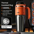 Large capacity stainless steel vacuum insulated water bottle with handle and dual-drinking lid. - Core Fission 1000ml (Stainless Steel Liner)