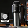 Large 1000ml insulated tumbler in black, featuring ceramic-coated inner liner and dual-sip lid. - Midnight Tech 1000ml [Ceramic Liner]