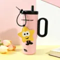 Pink insulated straw tumbler with black handle, portable strap and cute star pendant. - Twilight - Pink 750ml [+ Star Charm]