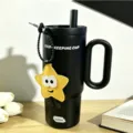 Black insulated tumbler with straw, large capacity stainless steel cup with star charm. - Twilight Black 750ml (+ Star Pendant)