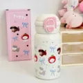Süße Edelstahl Isolierflasche mit Strohhalm, niedliches Welpenmuster Mädchen Thermoskanne. - Apfel Welpe Doppel Getränk Planet / Rosa