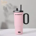 Bicchiere termico in acciaio inossidabile rosa grande capacità tazza da viaggio manico - 720ml / Rosa