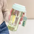 Portable dual-drink plastic water bottle with straw, cute green portable student tumbler cup. - Green